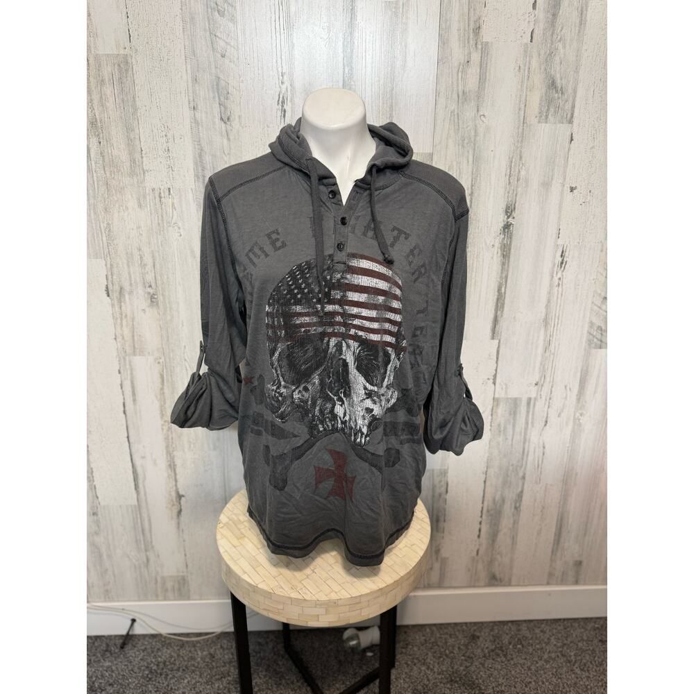 Route 66 Skull Flag Henley Hoodie Mens Medium Grey Waffle Roll Tab Sleeve